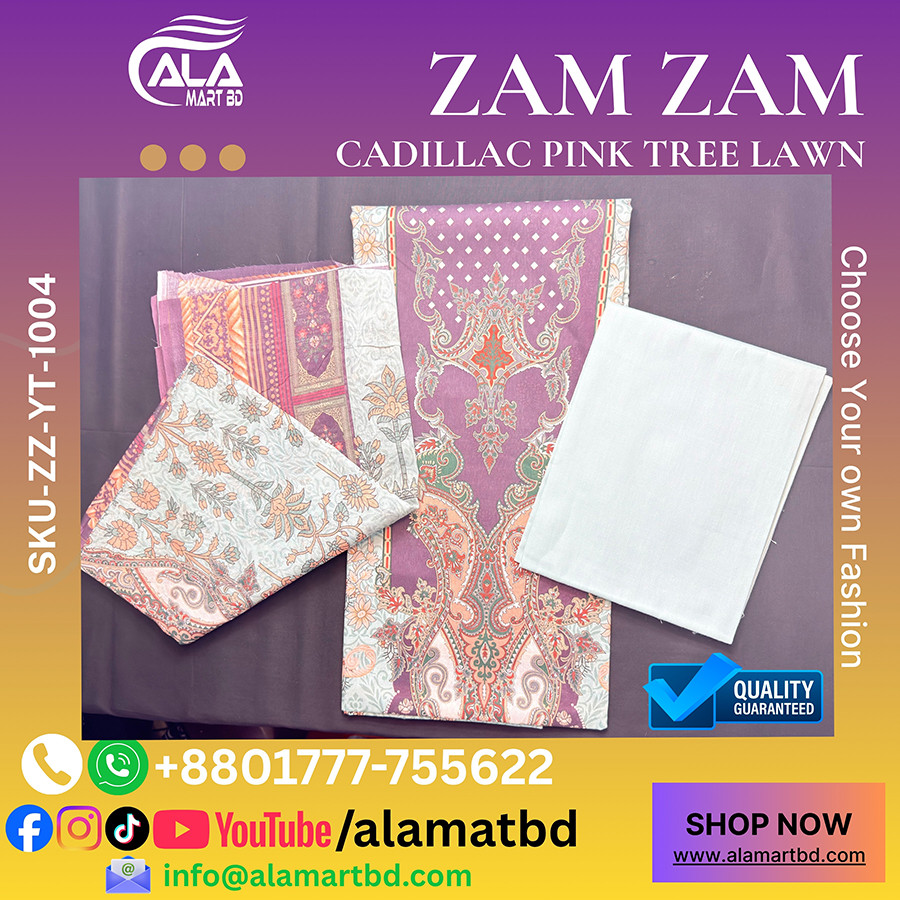 Zamzam Premium Quality Cadillac Pink Tree Lawn Collection – Elegant Three Piece Set