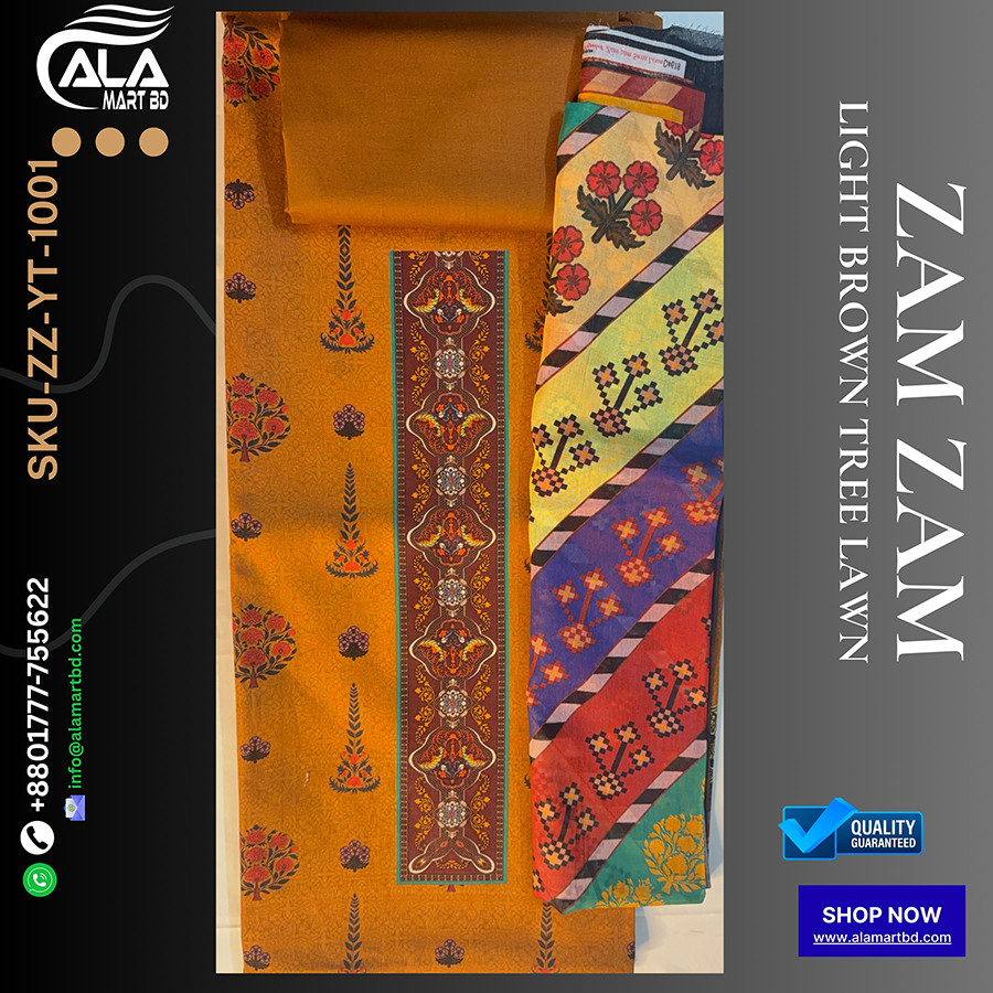 Zamzam Premium Quality Yellow Tree Lawn Collection – Elegant Three Piece Set